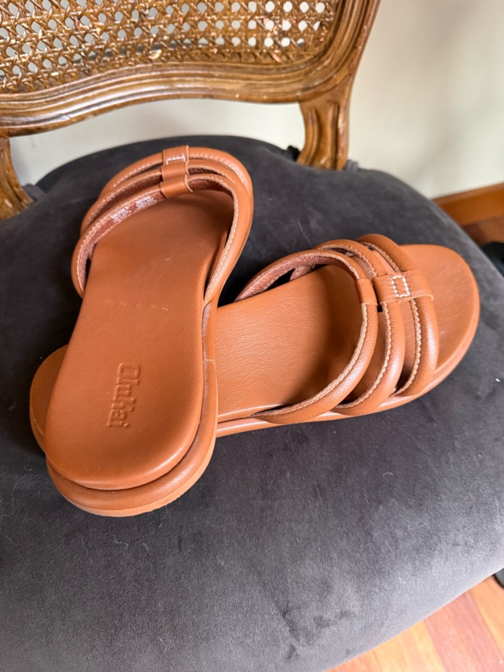 OluKai Women's Triple-Strap Cognac Slide Sandals - Picture 3 of 5